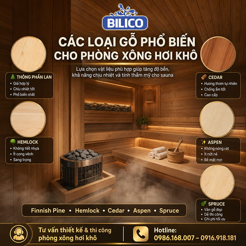 Các loại gỗ làm phòng xông hơi khô được sử dụng phổ biến hiện nay