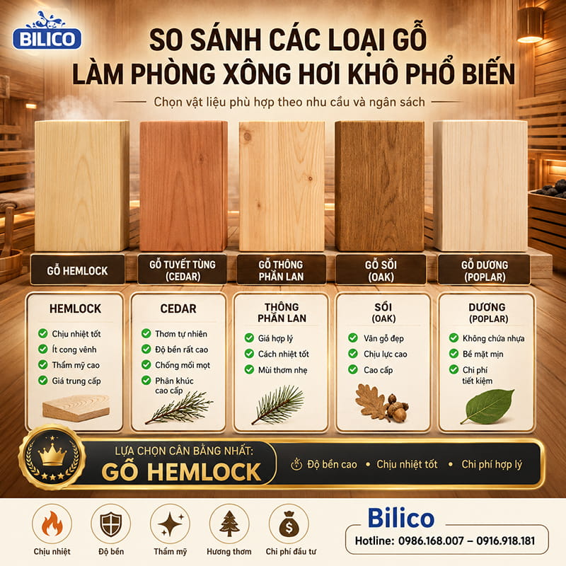 So sánh các loại gỗ làm phòng xông hơi khô phổ biến