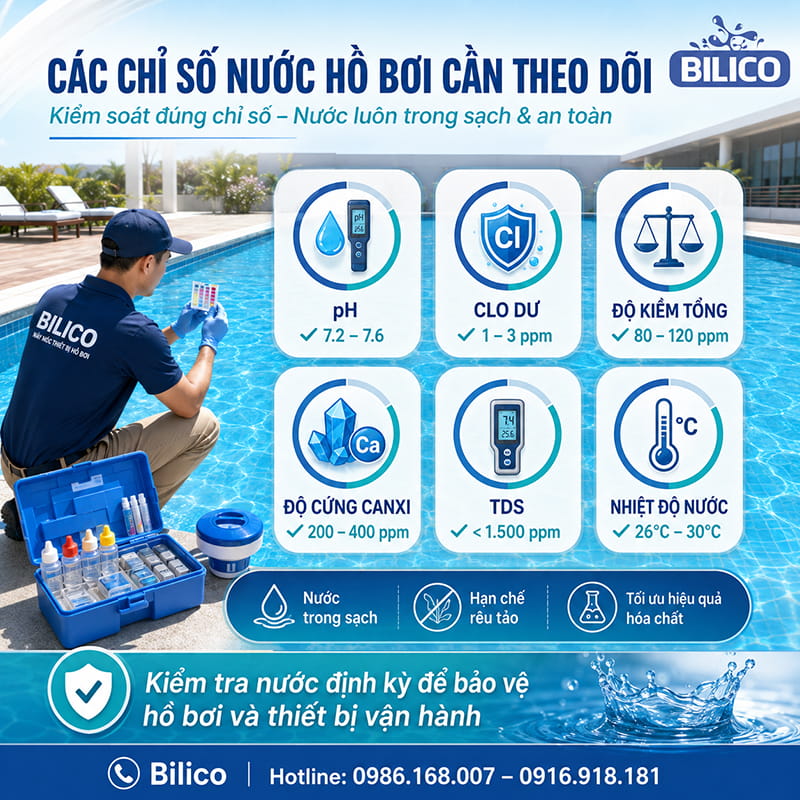 Các chỉ số nước hồ bơi cần theo dõi khi sử dụng hóa chất