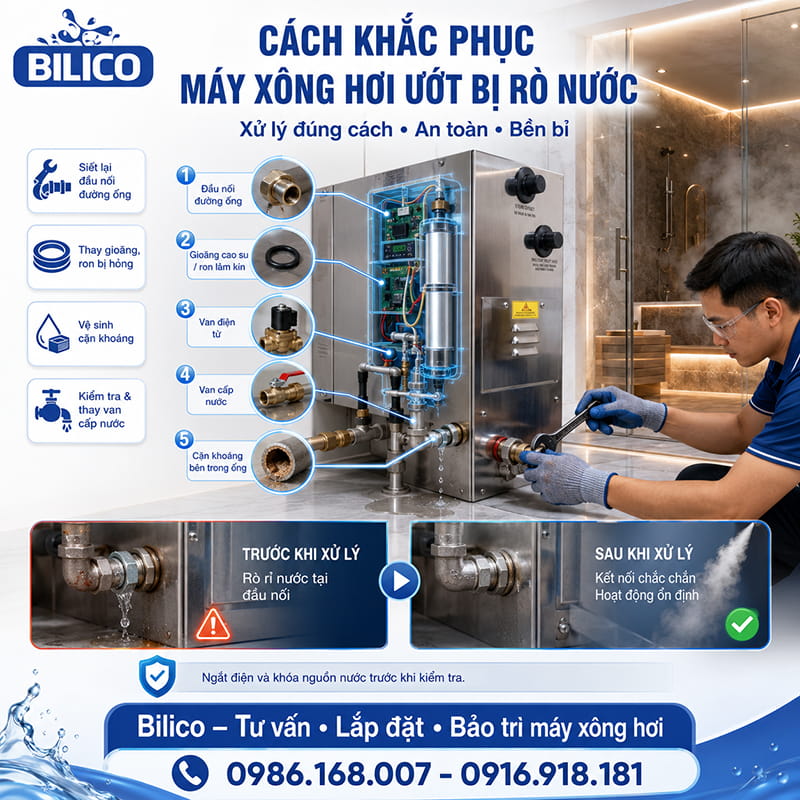 Cách khắc phục máy xông hơi ướt bị rò nước