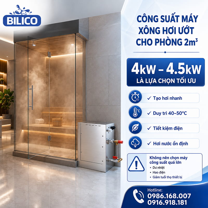 Công suất máy xông hơi ướt phù hợp cho phòng 2m3