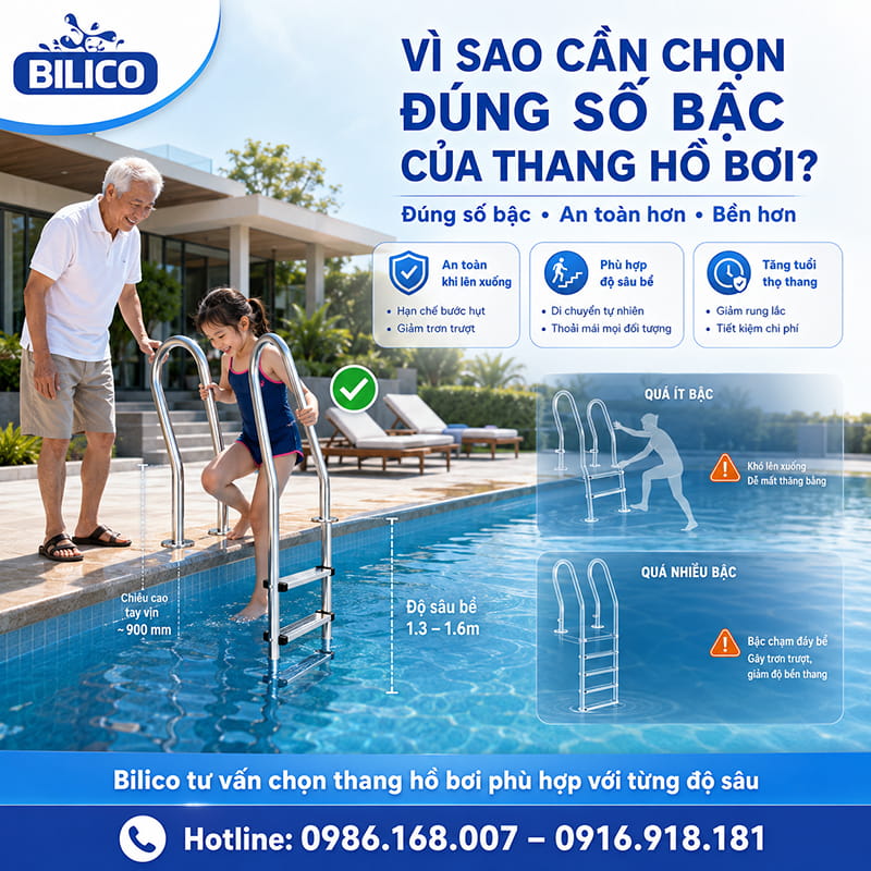 Vì sao cần chọn đúng số bậc của thang hồ bơi?