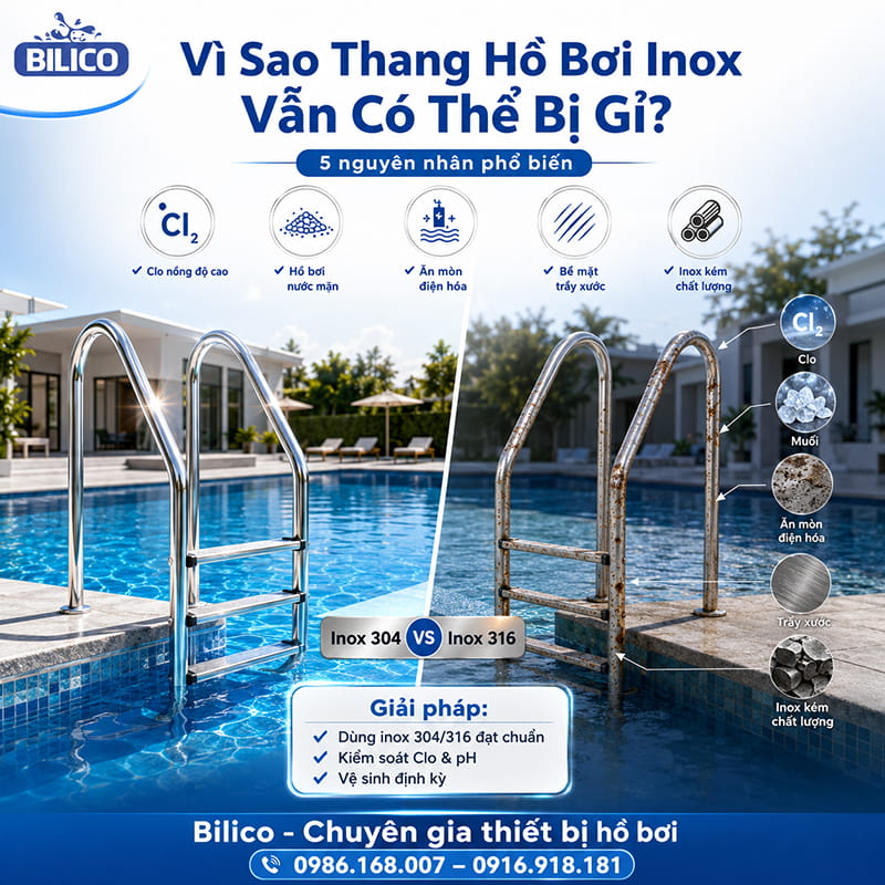 Vì sao thang hồ bơi inox vẫn có thể bị gỉ?