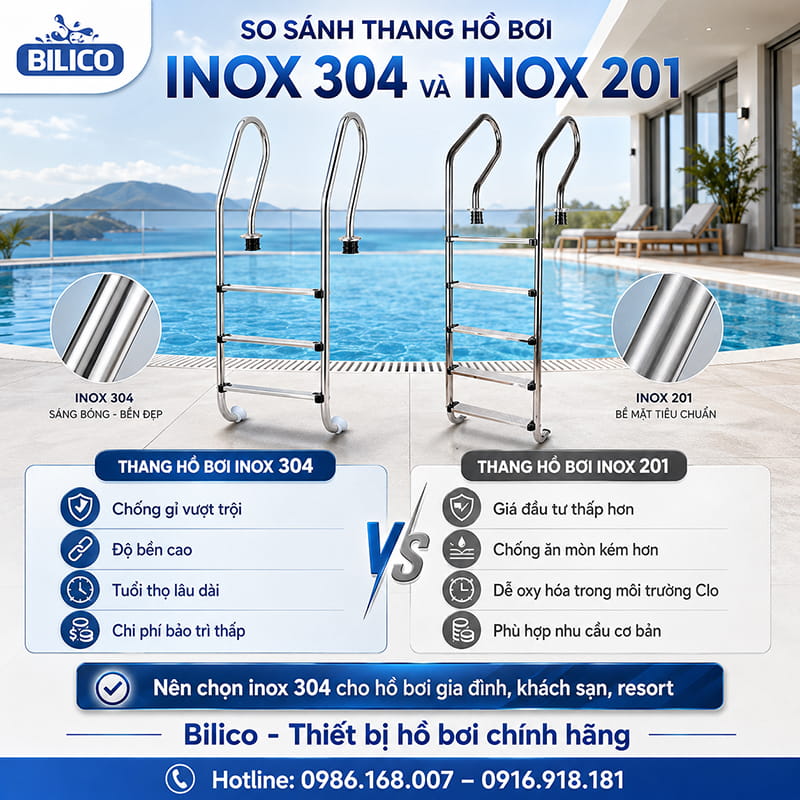 So sánh thang hồ bơi inox 304 và inox 201